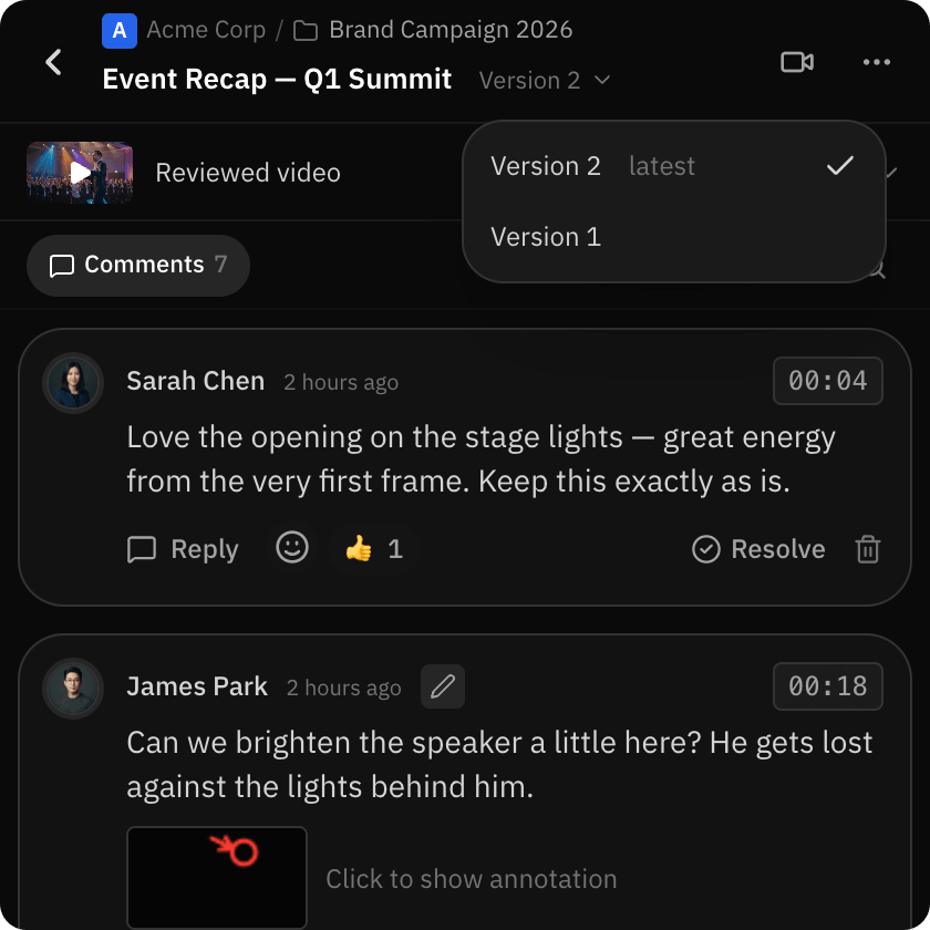 Video versions in the Premiere panel, with the latest one marked