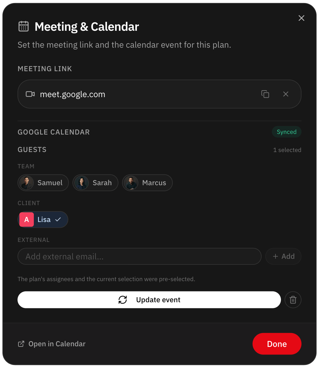 Meeting and calendar settings for the plan: Meet link, crew and client contact as guests