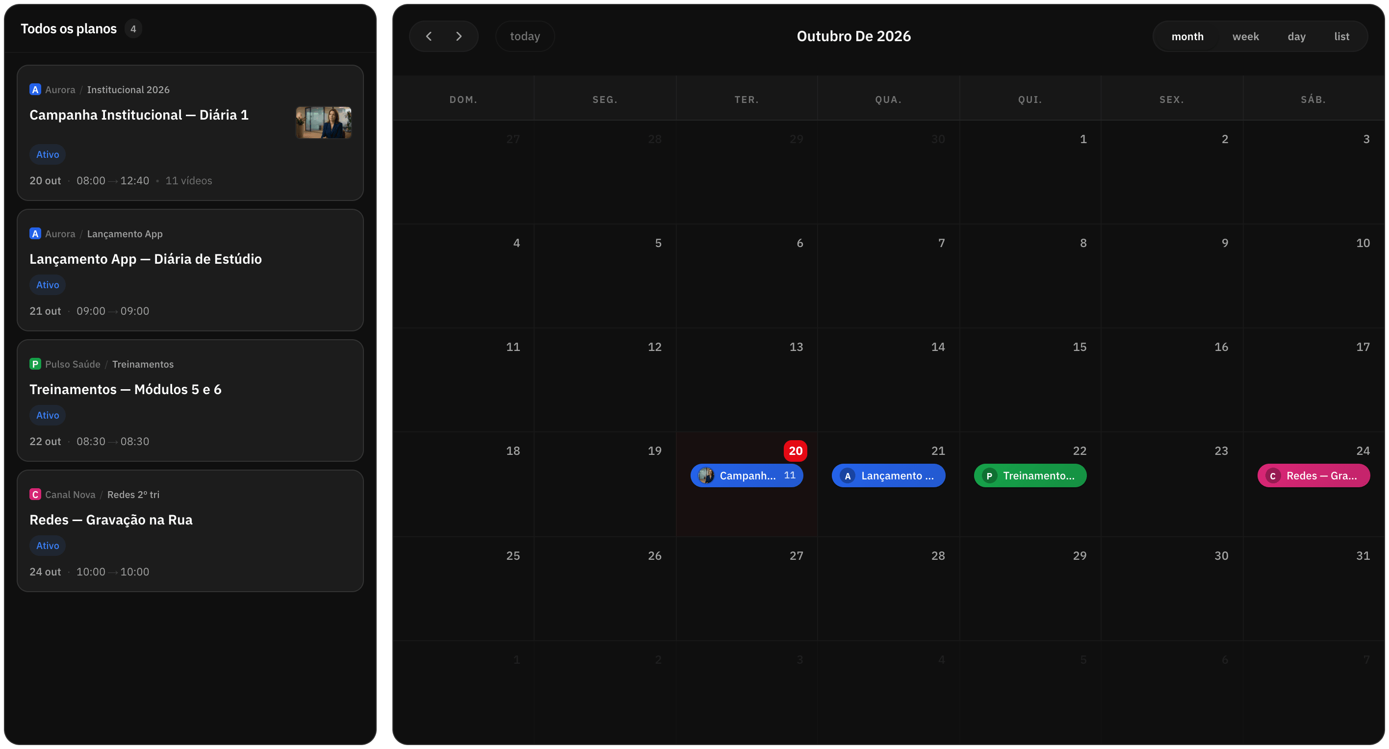 Calendário dos planos de produção, com as diárias do mês listadas à esquerda