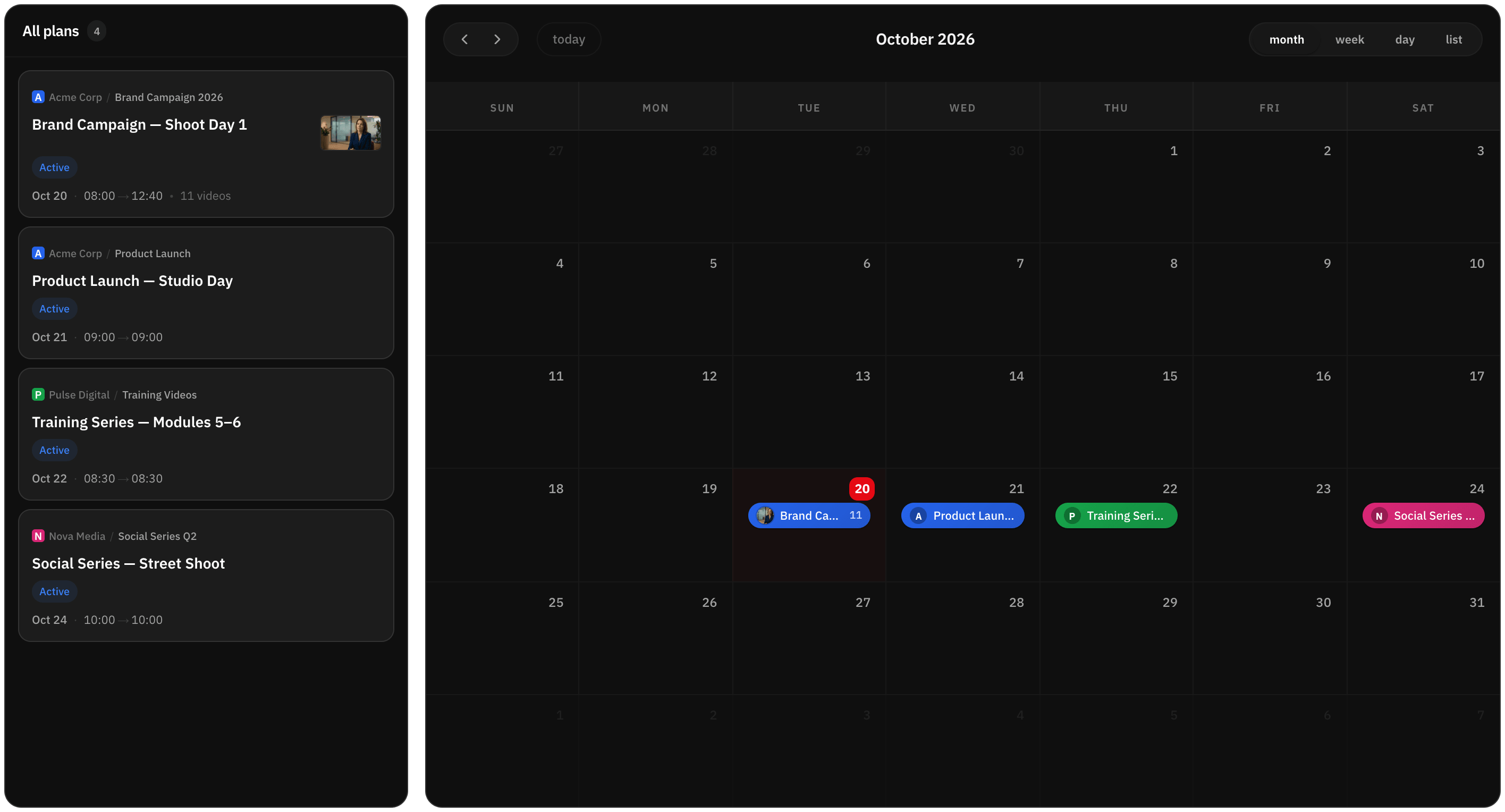 Calendar of production plans, with the month’s shoot days listed on the left
