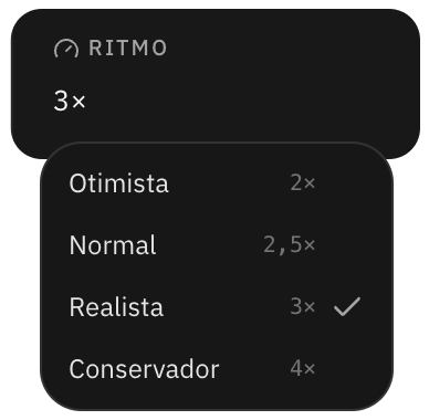 Ritmo de gravação da diária: Otimista 2×, Normal 2,5×, Realista 3×, Conservador 4×