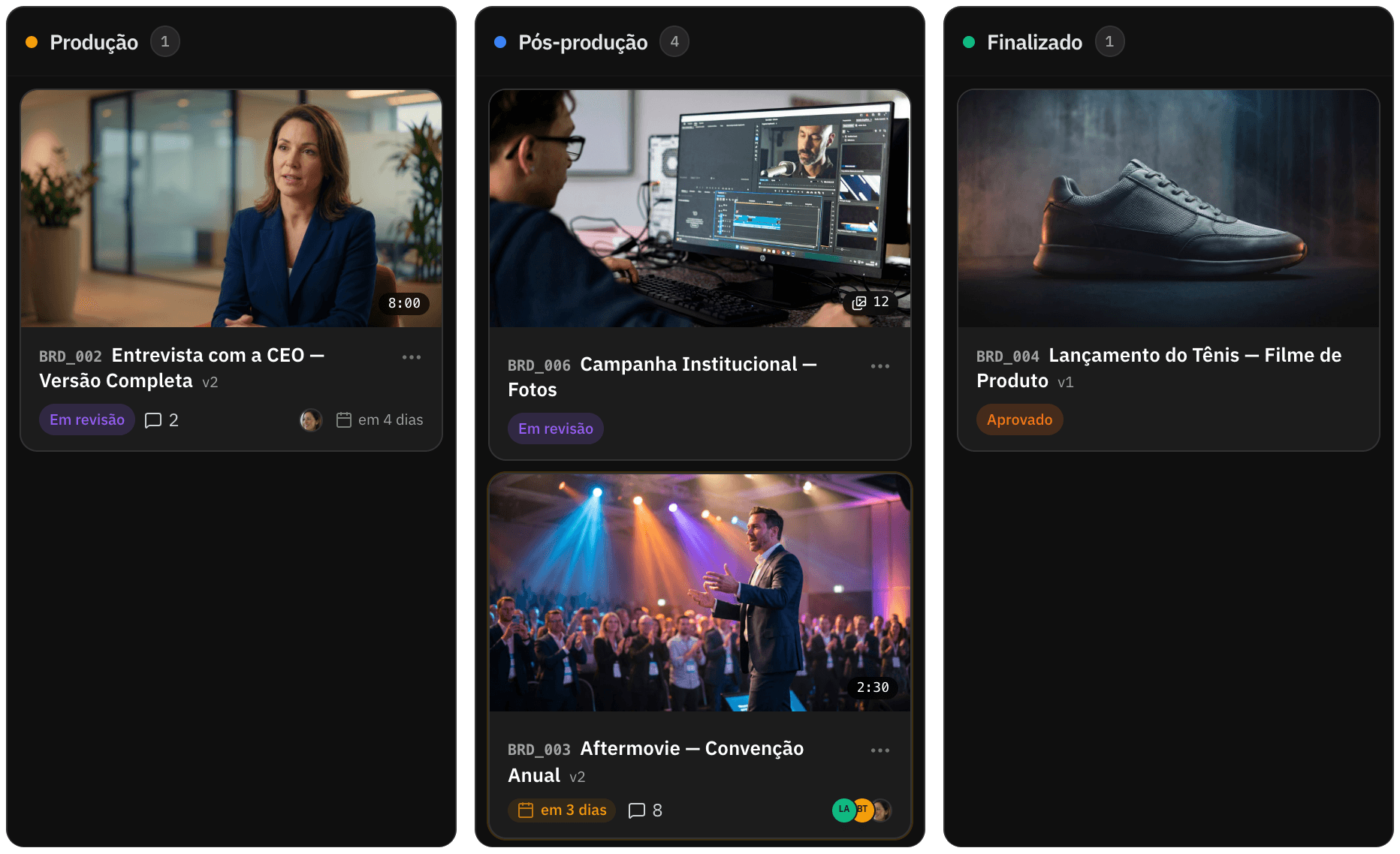 Entregas no portal do cliente nas colunas Produção, Pós-produção e Finalizado, com o vídeo aprovado em Finalizado
