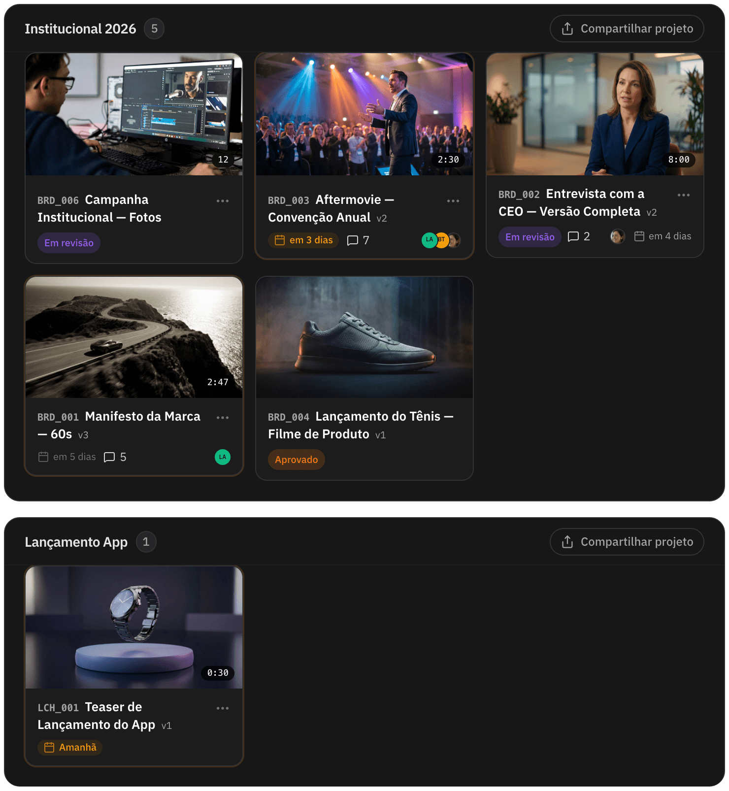 Portal do cliente com os vídeos do projeto, a versão de cada um e um vídeo aprovado