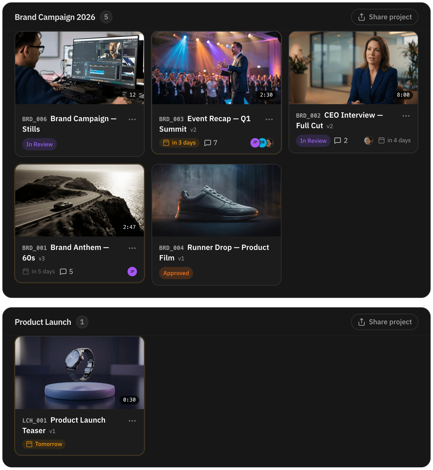 Client portal with the project’s videos, each one’s version and an approved video