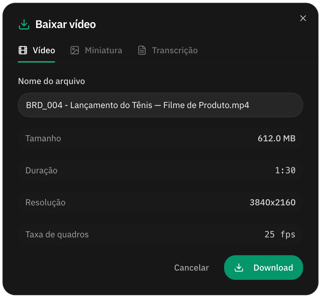 Janela de download com o nome do arquivo, tamanho e resolução
