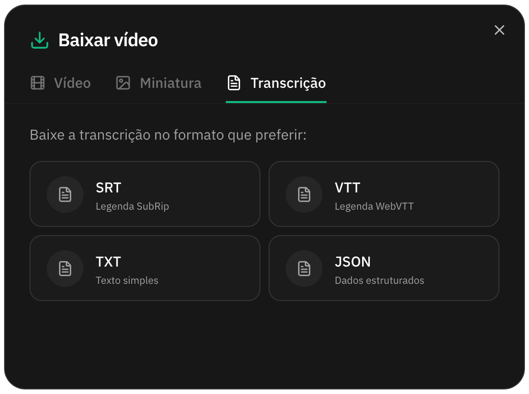 Aba de transcrição da janela de download do portal com os quatro formatos