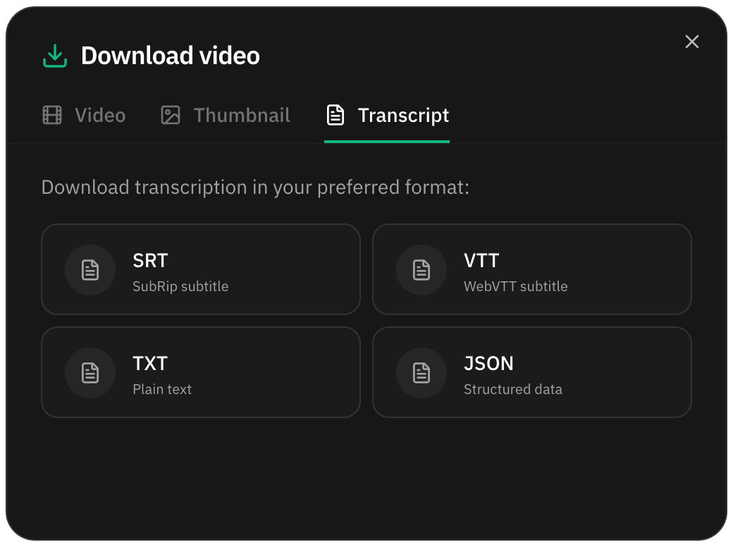 Transcript tab of the portal download window with the four formats