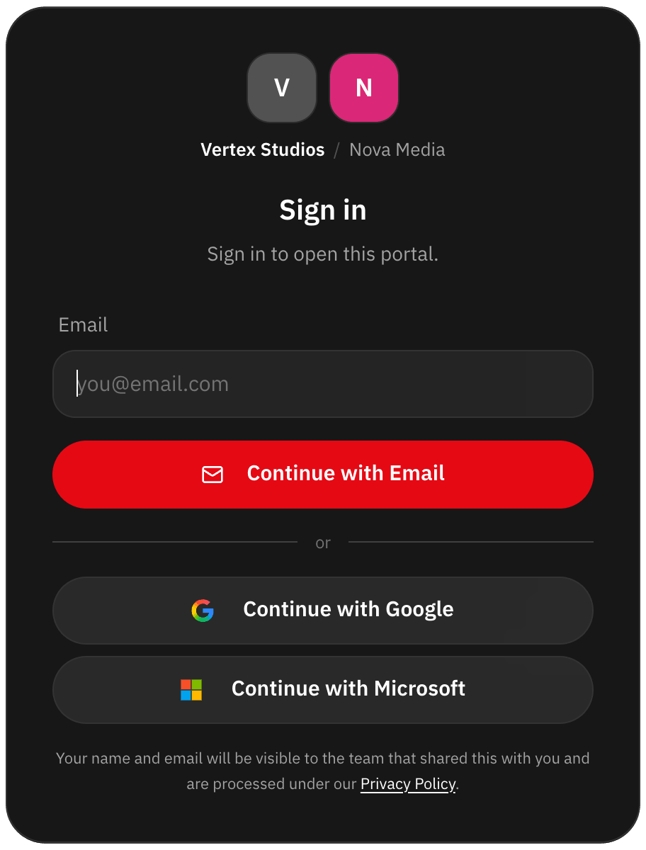 Portal sign-in with the studio’s logo and the client’s, by email code, Google or Microsoft
