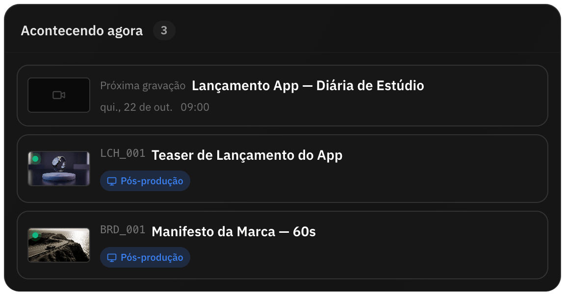 Faixa acontecendo agora no portal com a próxima gravação e os vídeos em pós-produção