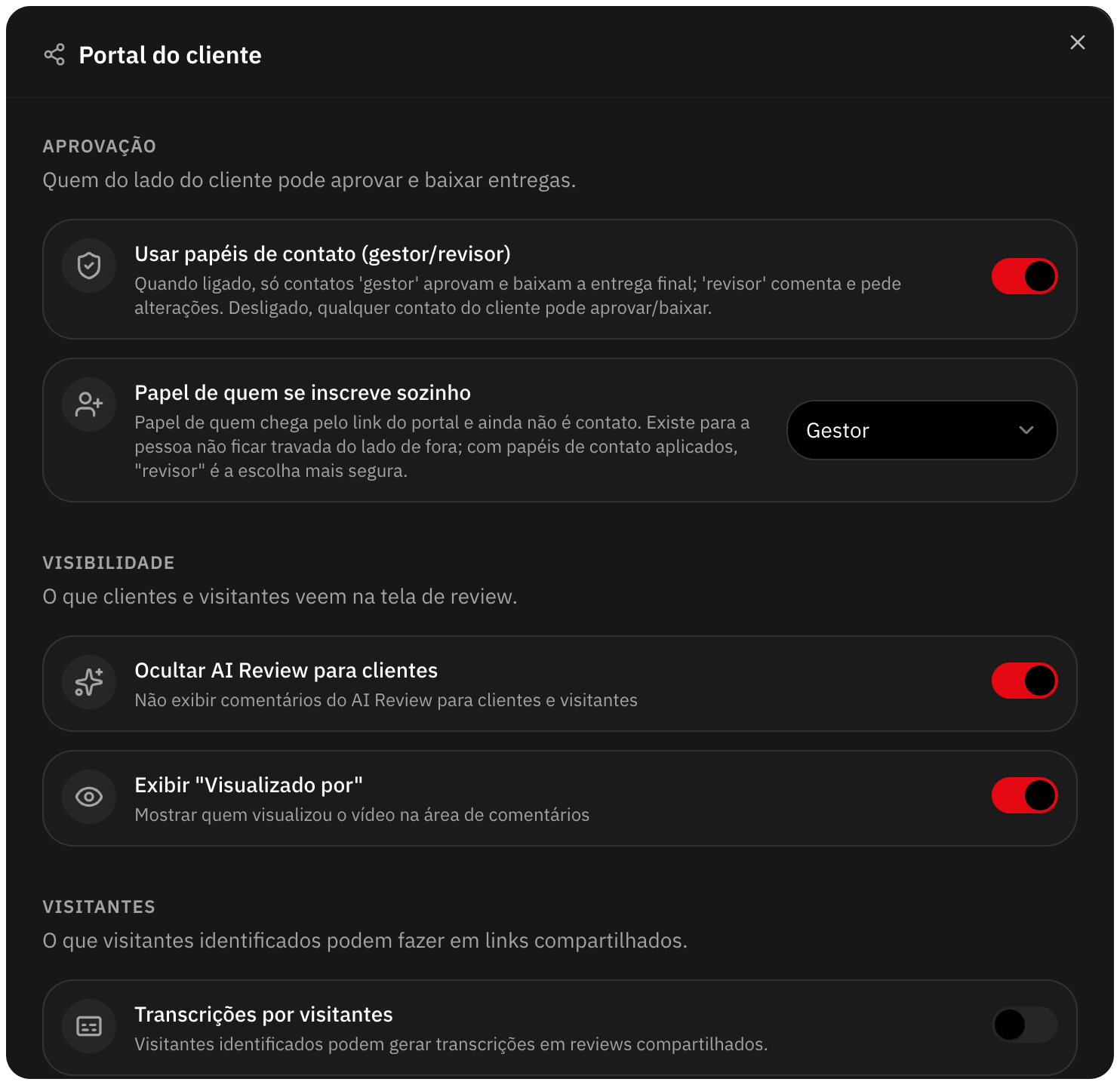 Configurações do portal com a opção de esconder o AI Review