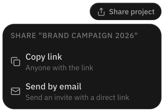 Options to share a project by link or email