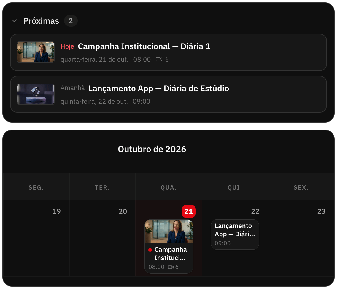 Calendário de gravações no portal do cliente