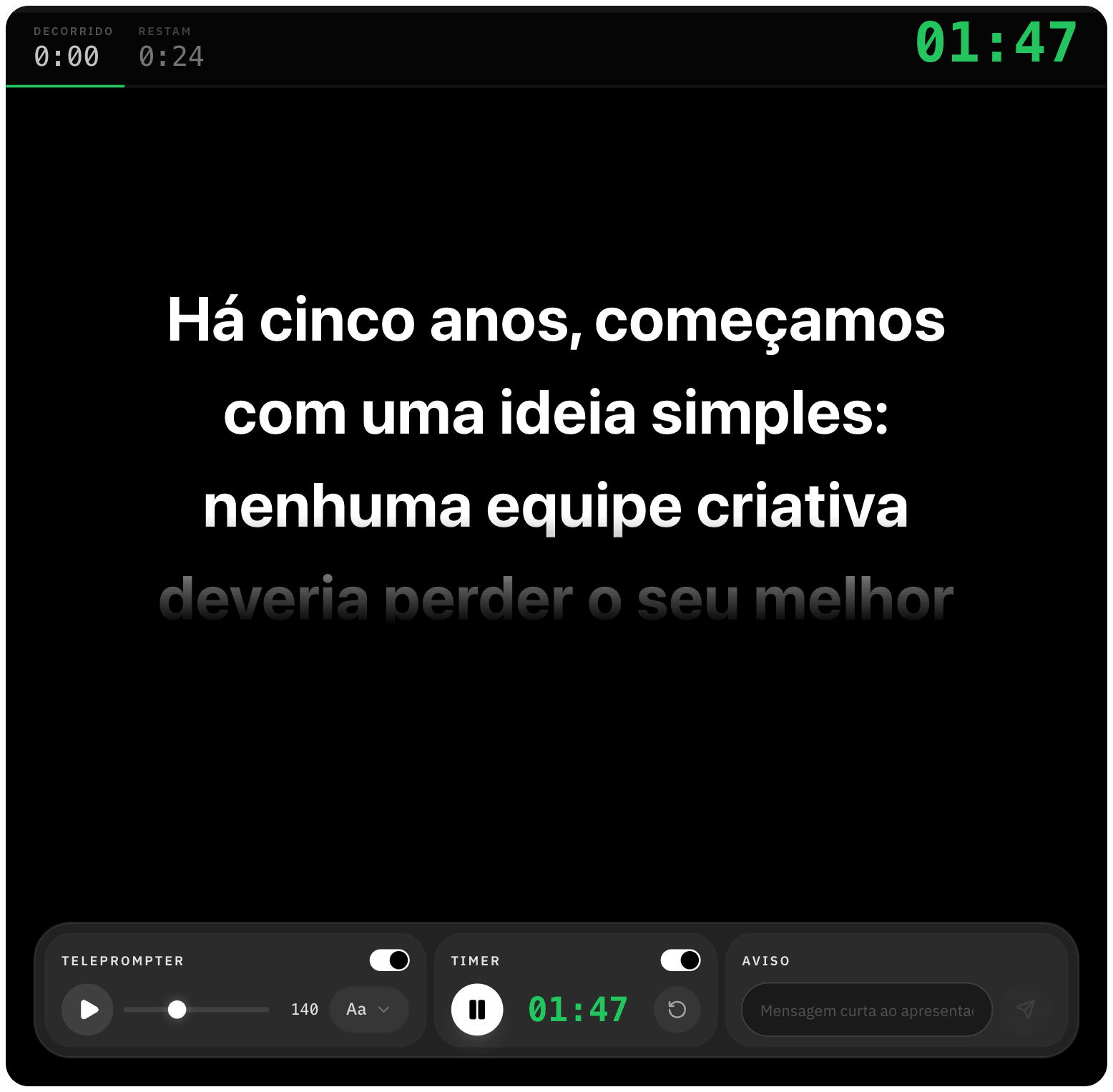 O roteiro no teleprompter na visão de quem opera, com o tempo decorrido e o que falta do bloco