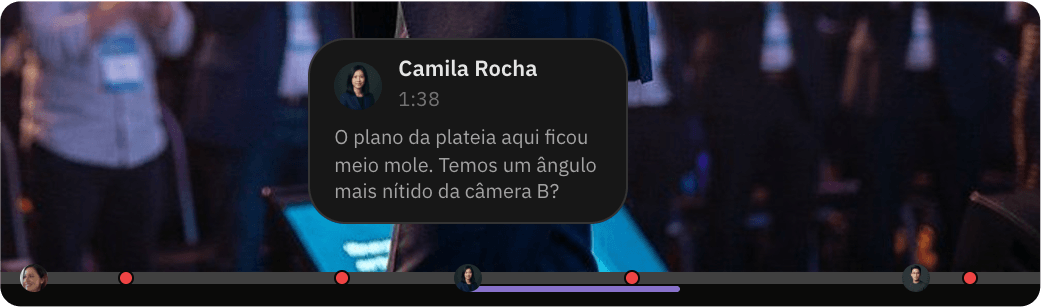 Comentário aberto pelo marcador na barra de tempo, em 1:38, com o trecho marcado entre entrada e saída