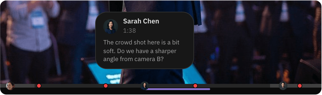 Comment opened from its marker on the timeline, at 1:38, with the stretch between the in and out points highlighted