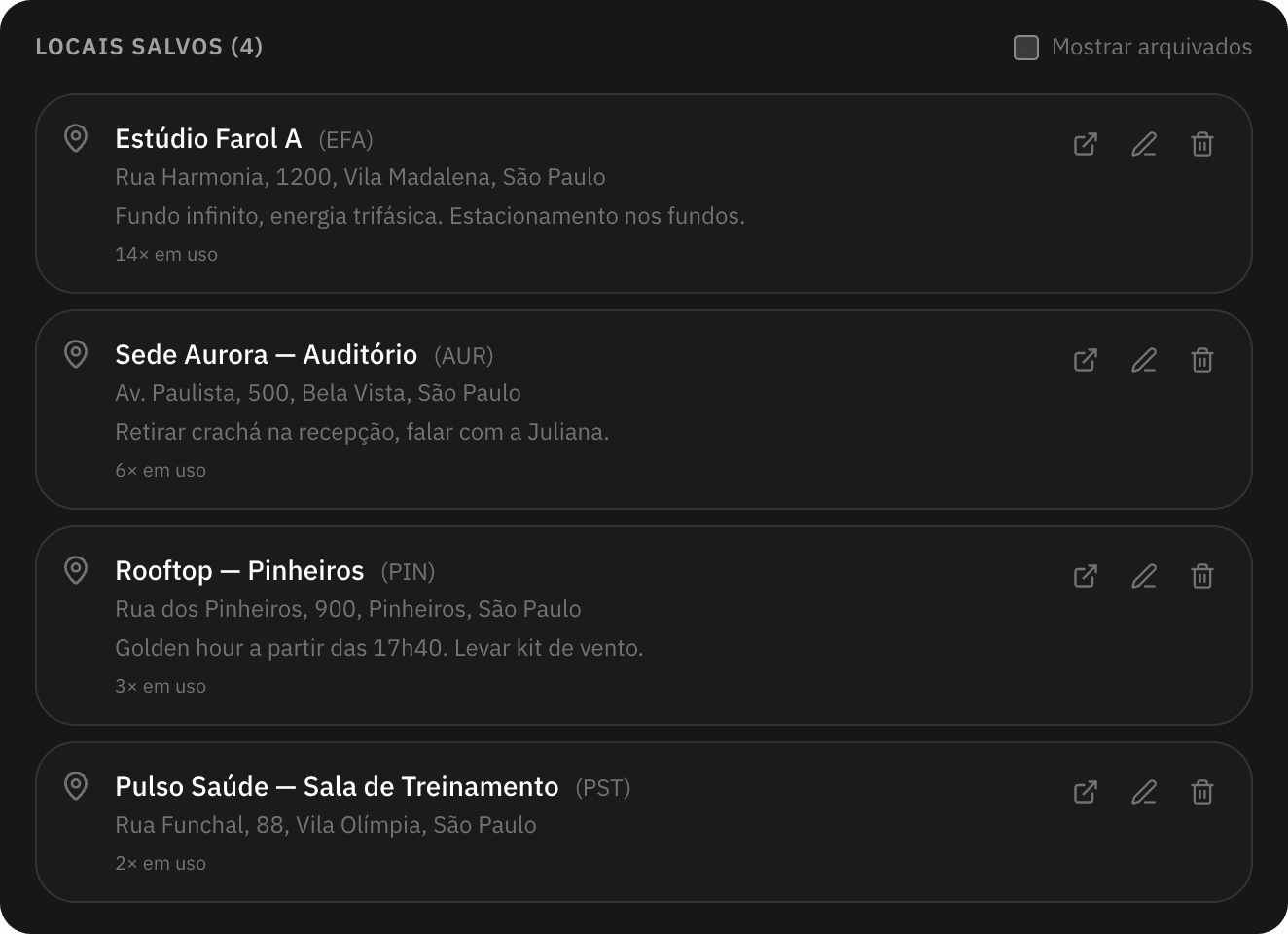 Biblioteca de locais de gravação com sigla, endereço e uso