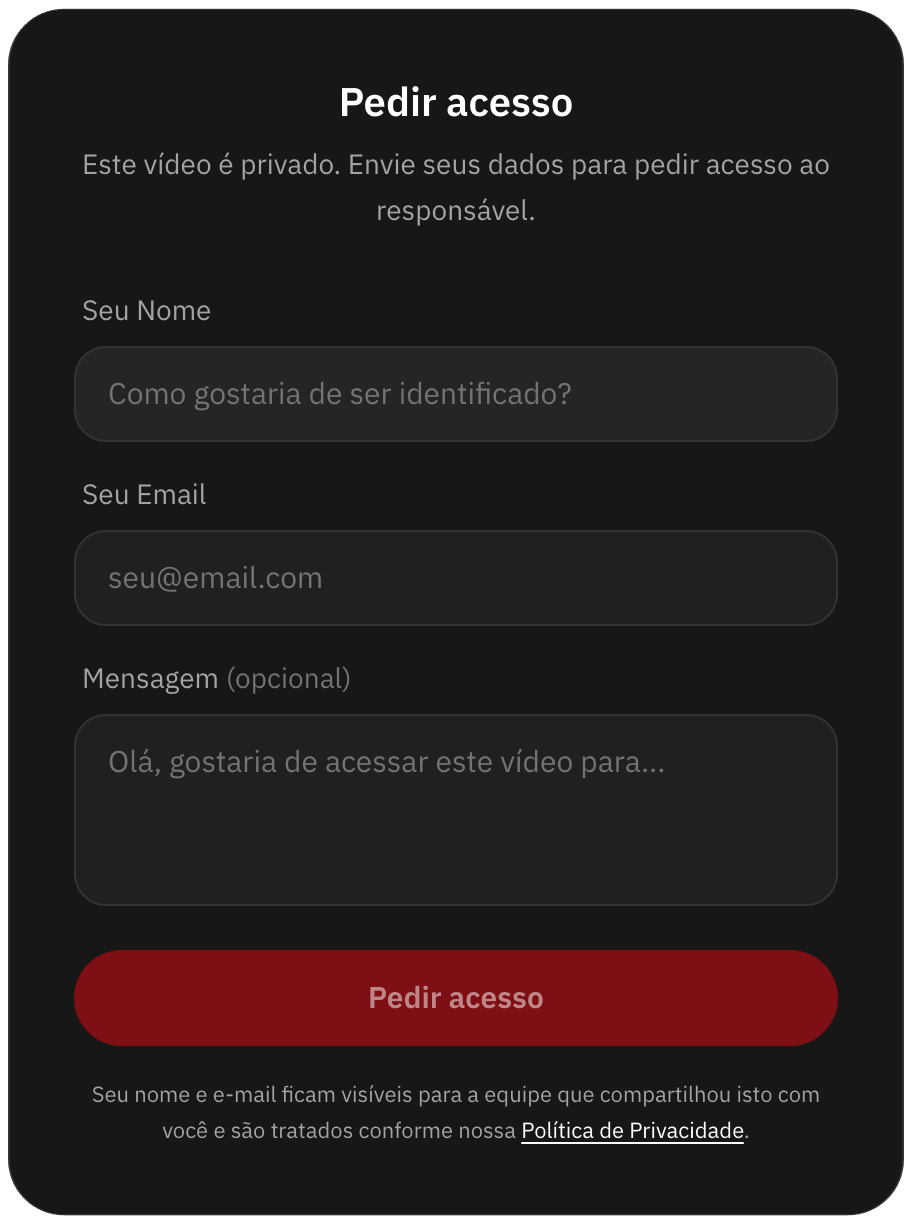 Formulário para pedir acesso a um vídeo privado, com nome, e-mail e mensagem