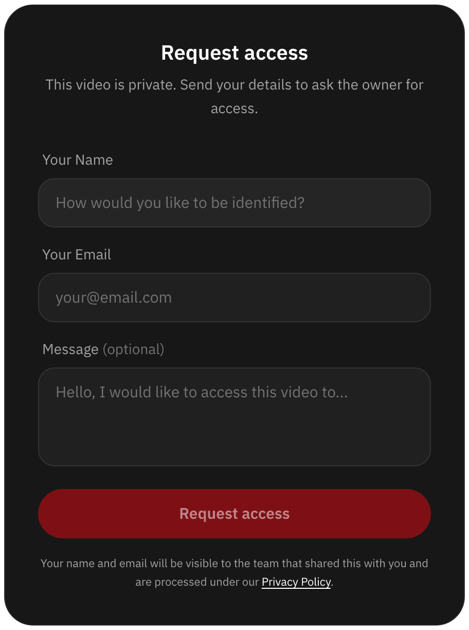Form to request access to a private video, with name, email and message