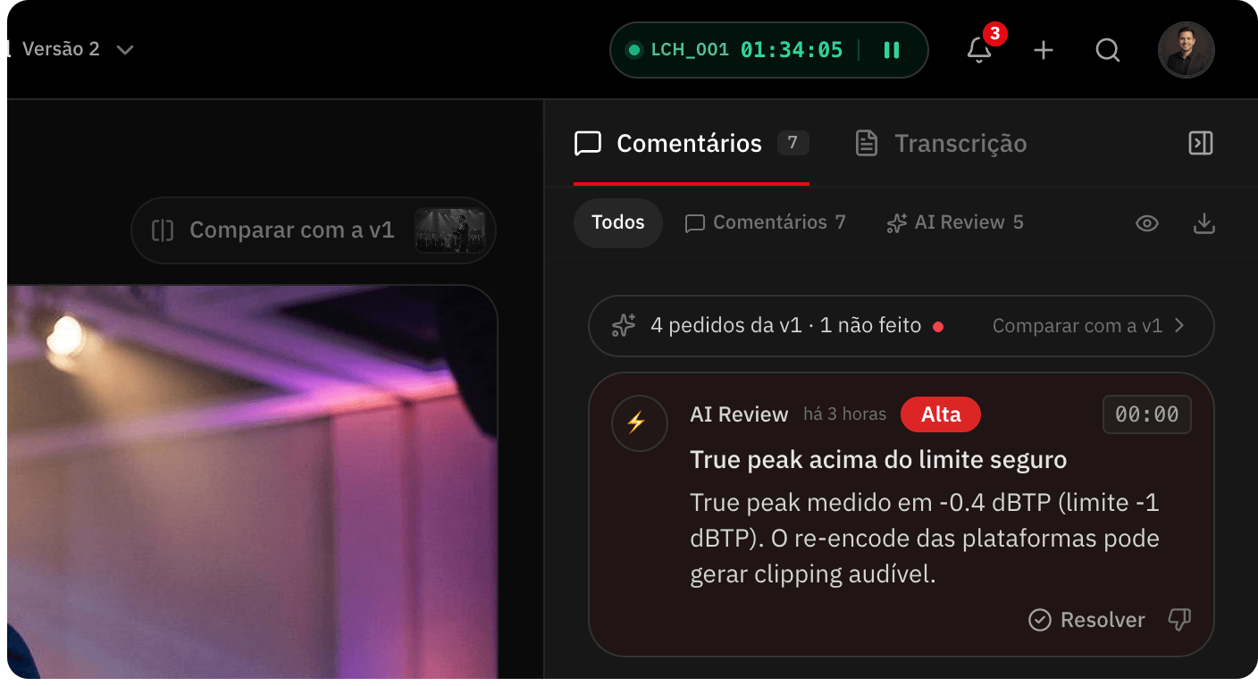 Timer ativo no topo da tela de revisão, com pausa