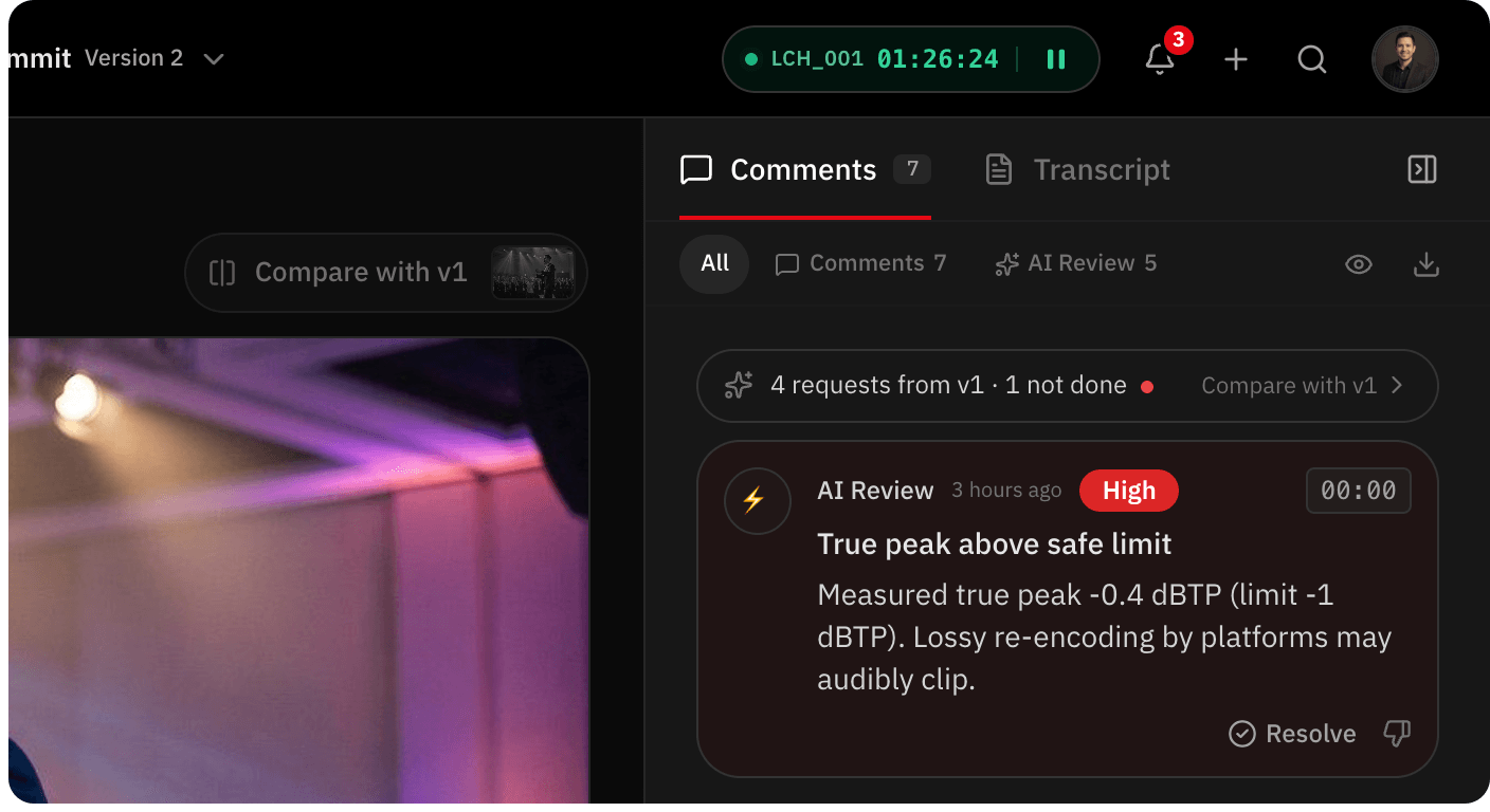 Active timer at the top of the review page, with pause