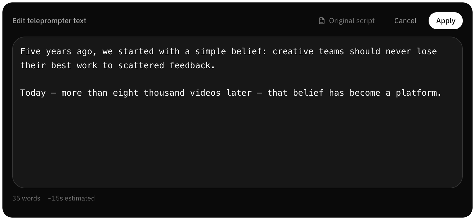 Script editor with word count and estimated length