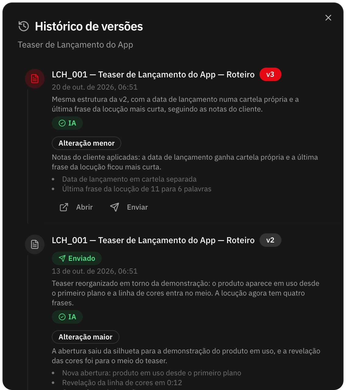 Histórico de versões do roteiro com resumo da IA e o tipo de mudança