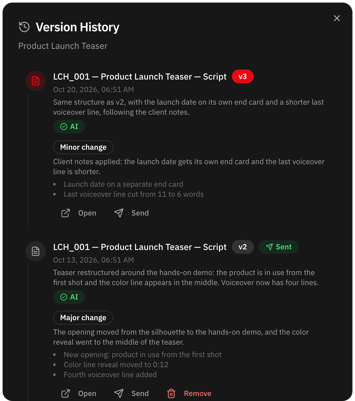 Script version history with the AI summary and the type of change