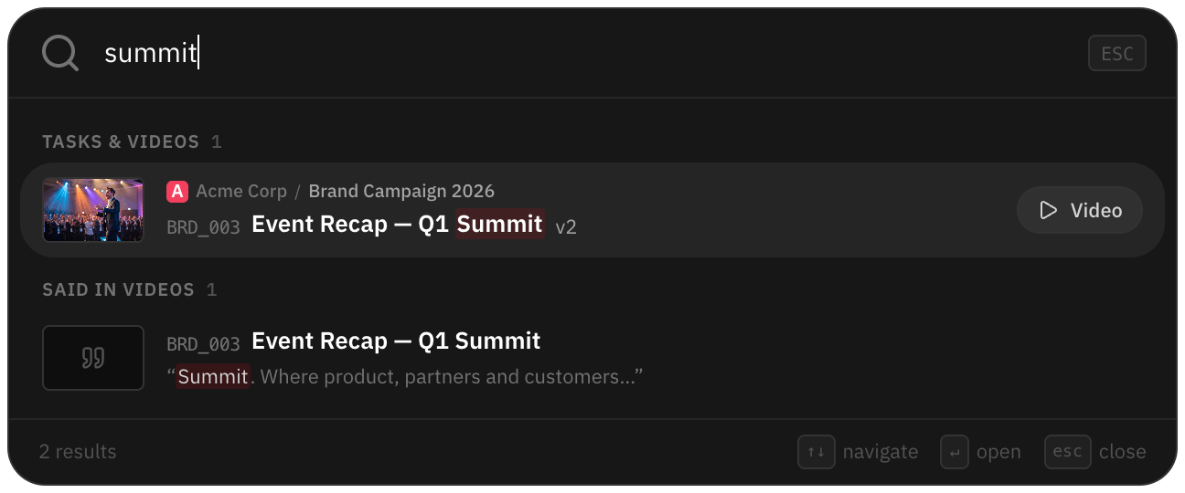 Global search finding a video by what was said in it, with the passage highlighted