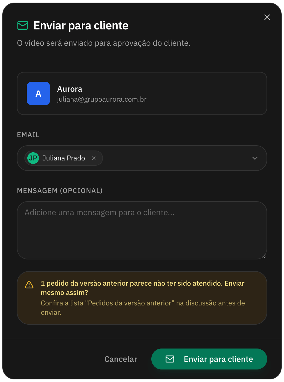 Envio ao cliente com o aviso de pedido da versão anterior não atendido