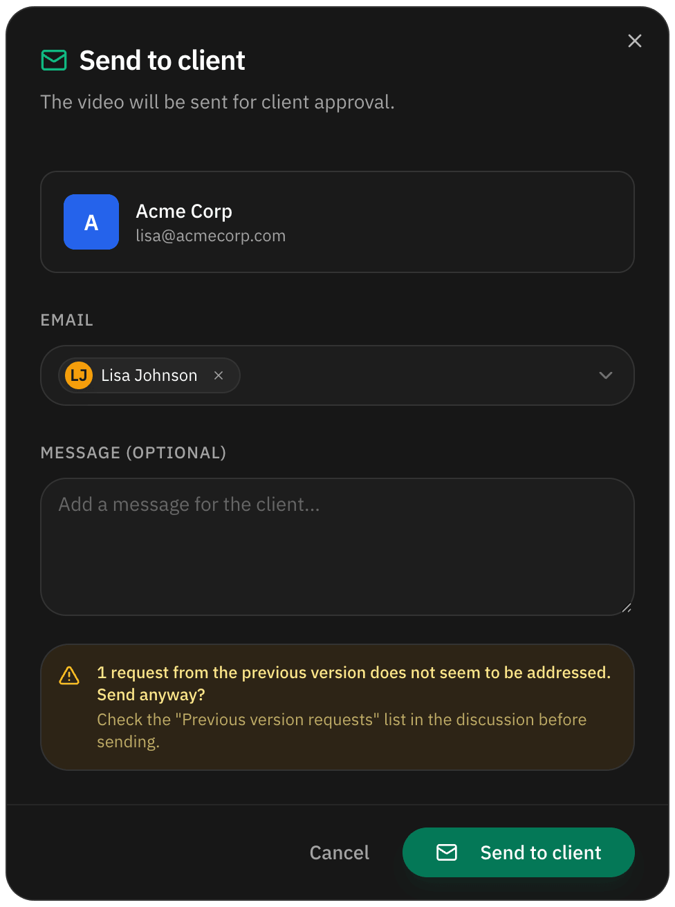 Send to client with the warning about an unaddressed request from the previous version