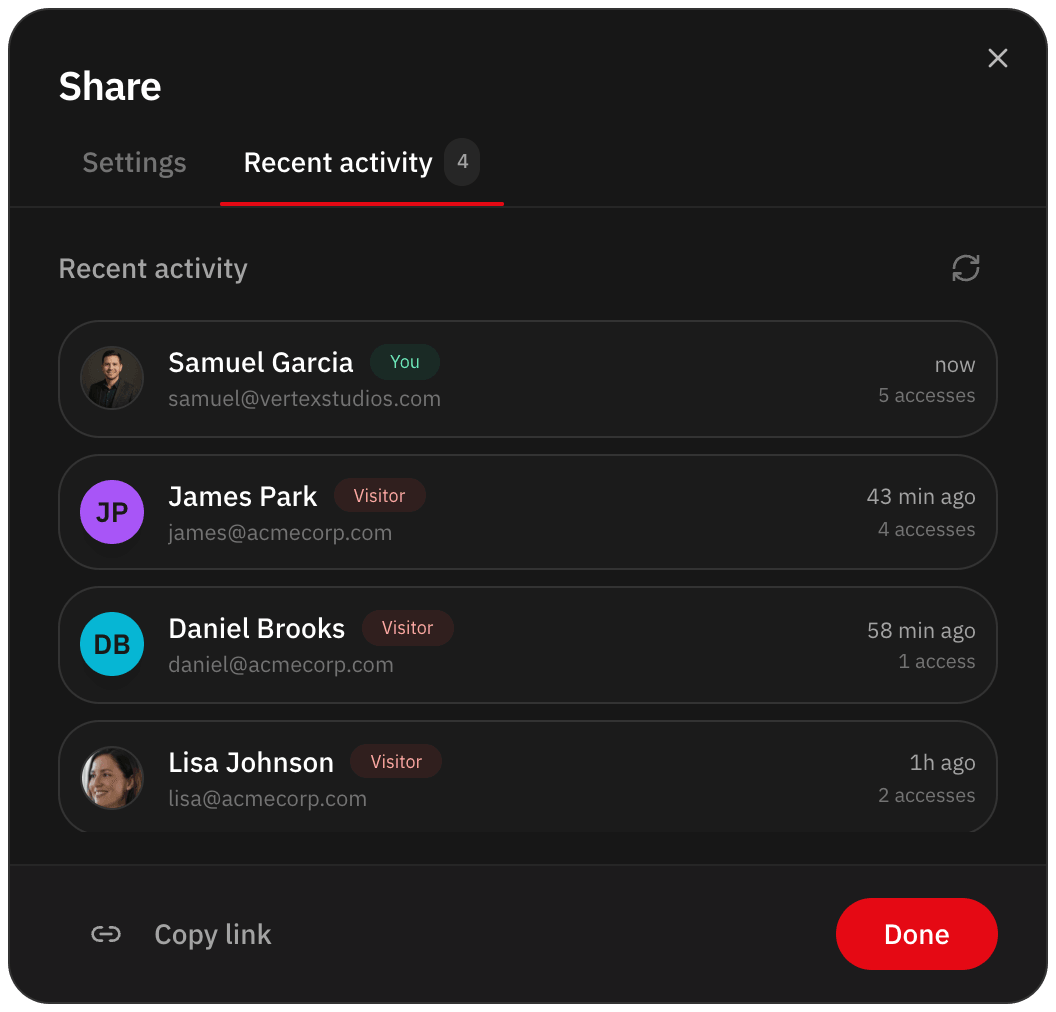 Recent activity on the link with who opened the video and how many times
