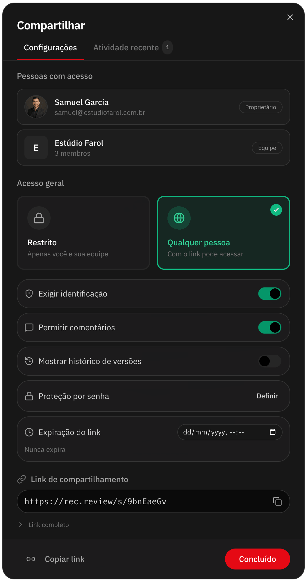 Configurações do link de revisão: quem tem acesso, qualquer pessoa com o link, identificação obrigatória, comentários, senha e validade