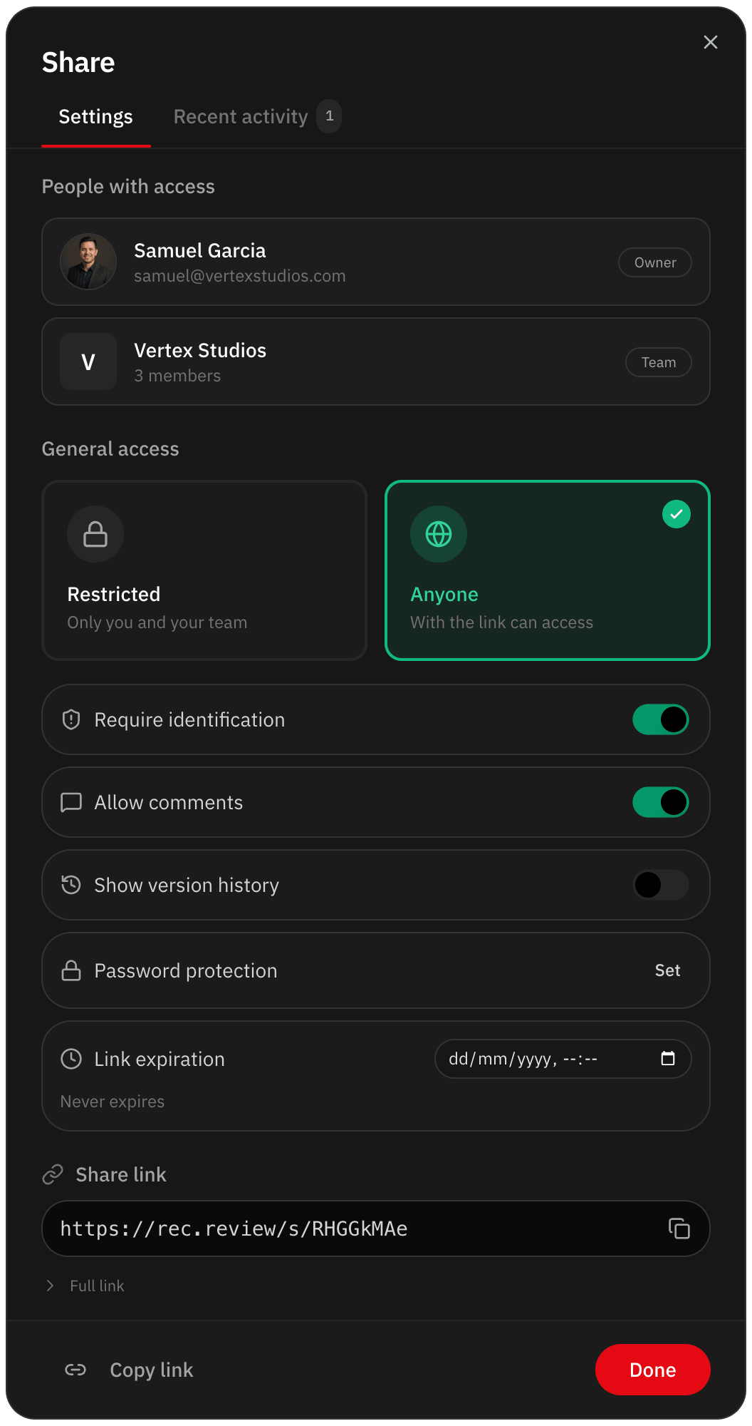 Review link settings: who has access, anyone with the link, identification required, comments, password and expiry