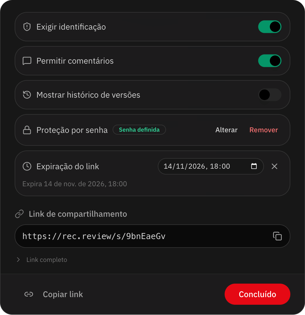 Configurações do link de revisão com senha definida e expiração em 14 de novembro