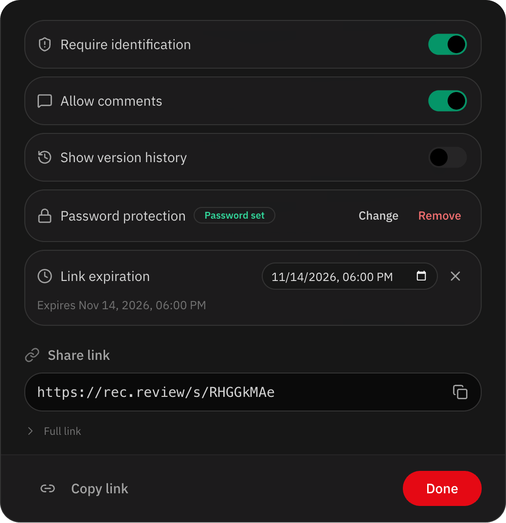 Review link settings with a password set and an expiry on November 14