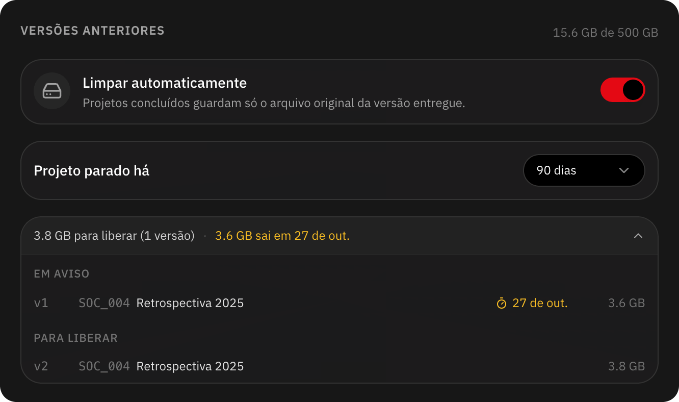 Limpeza automática de versões anteriores ligada, com a versão em aviso e a próxima a sair