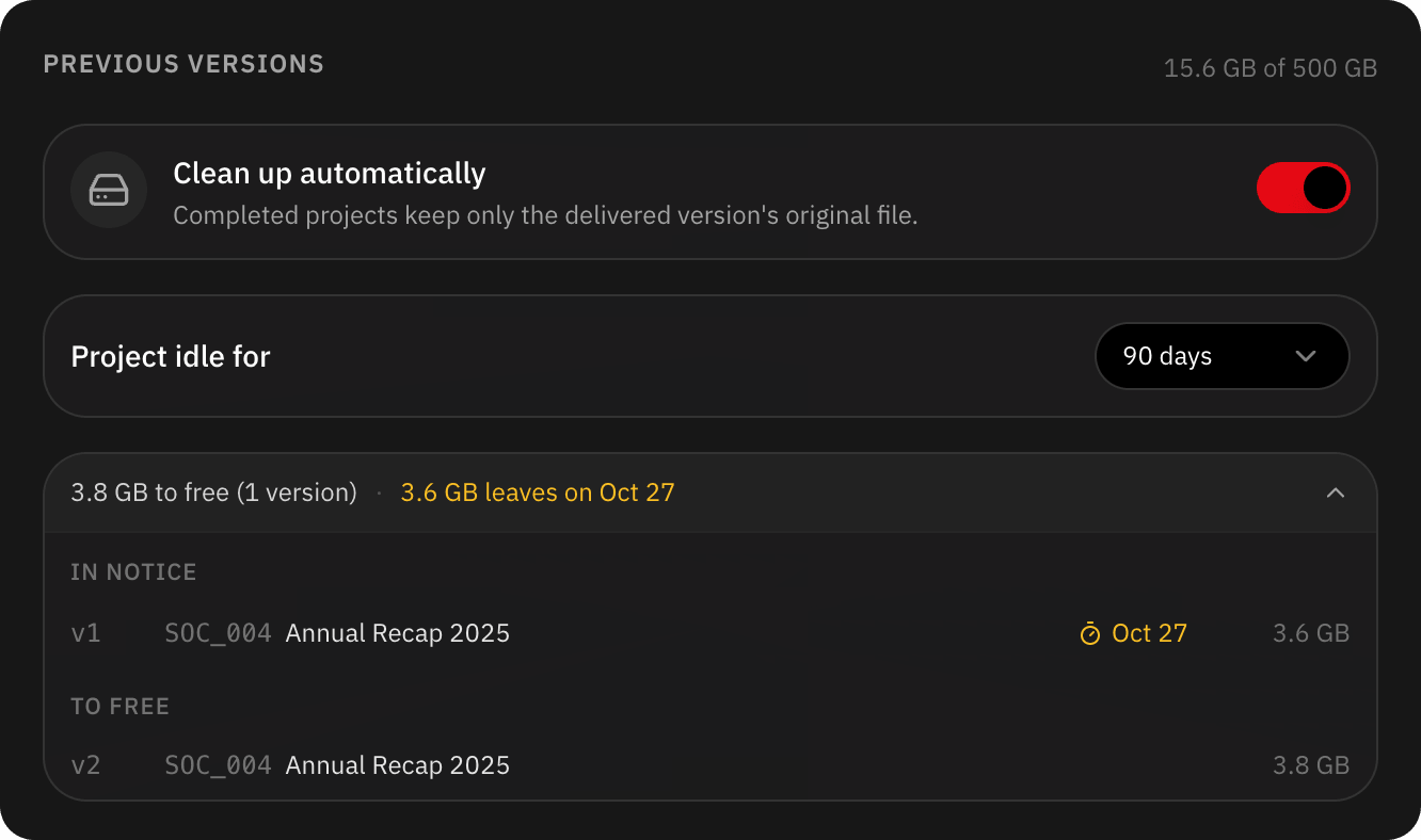 Automatic clean-up of previous versions turned on, with one version in notice and the next to leave