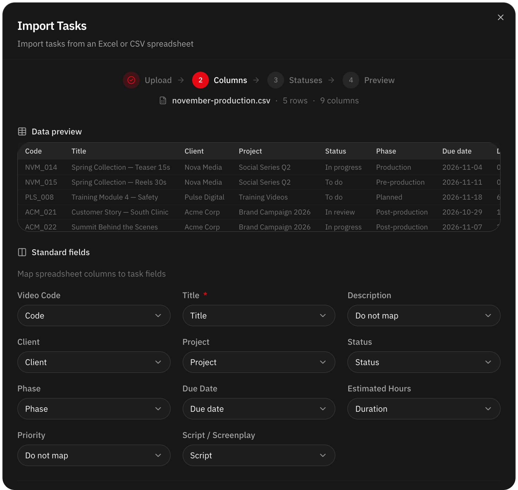 Importing tasks from a spreadsheet