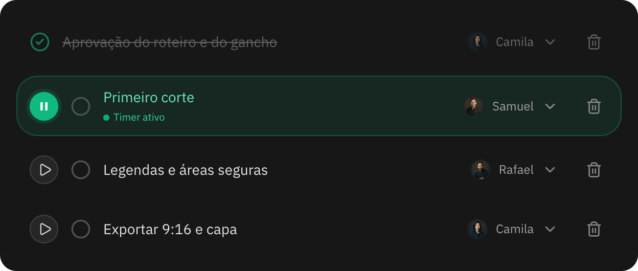 Subtarefas com responsável, timer e conclusão