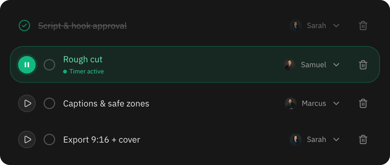 Subtasks with assignee, timer and completion