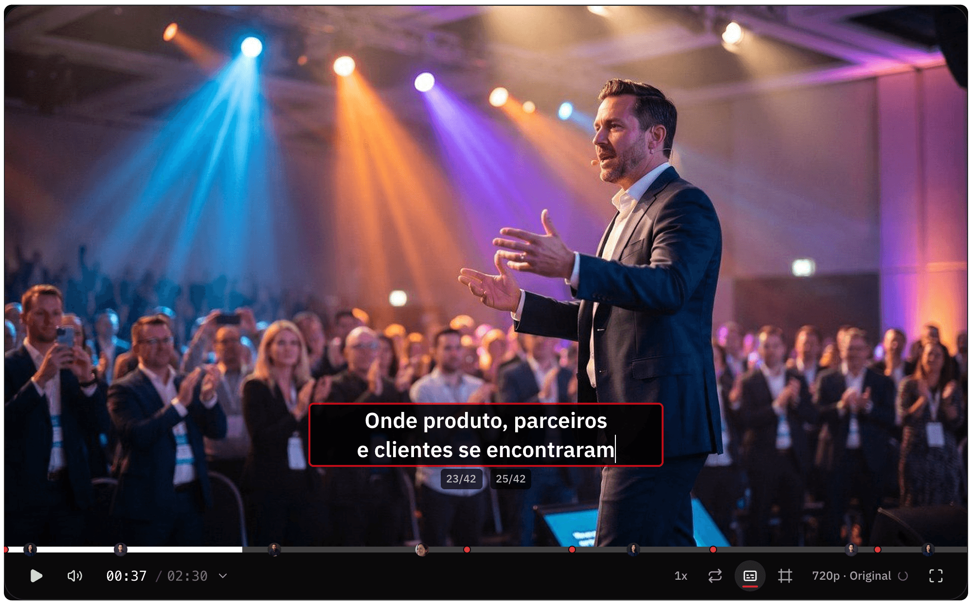 Legenda sendo editada no player, com contador de caracteres em cada linha
