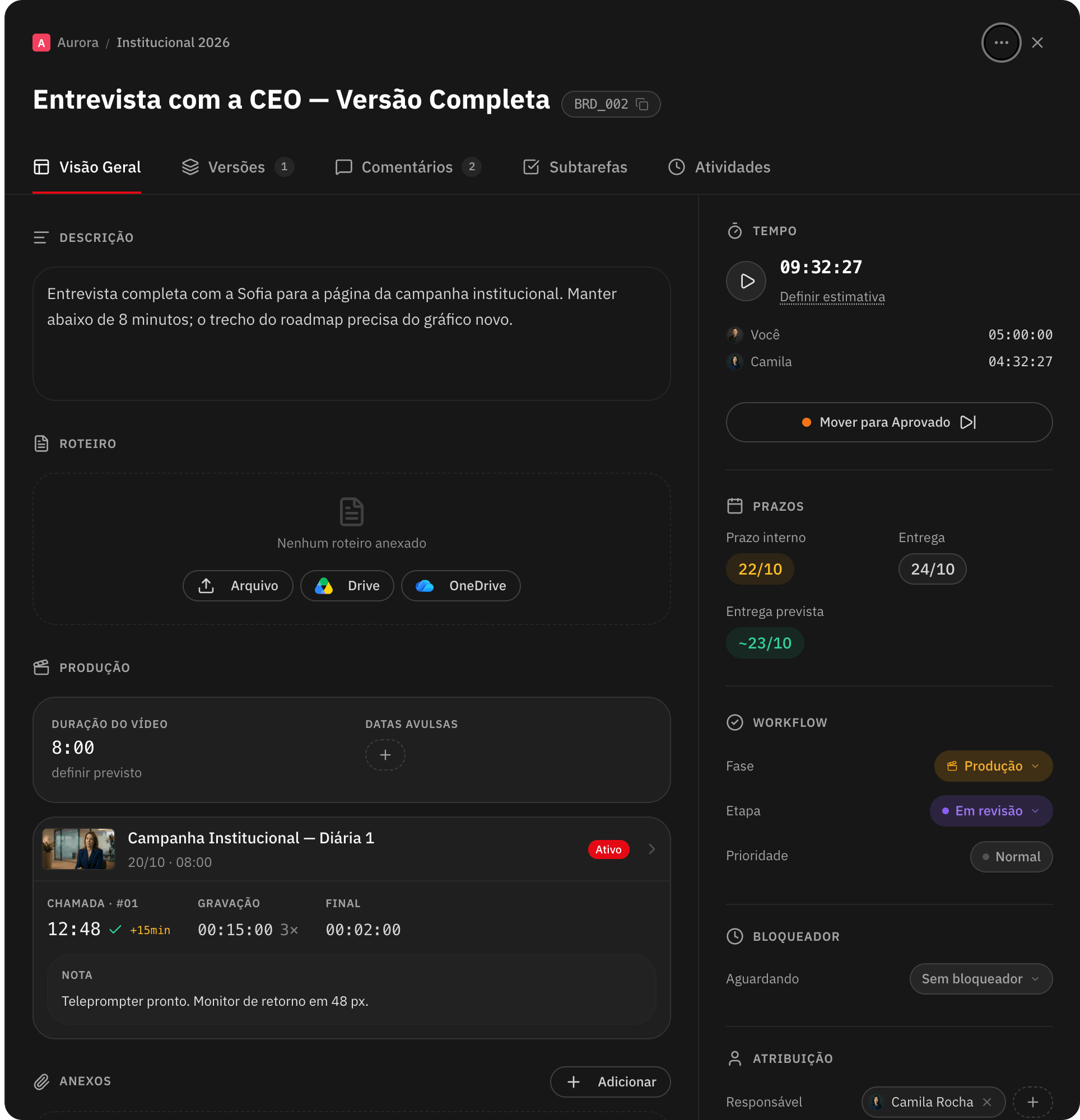 Tarefa do vídeo com descrição, roteiro, a diária em que ele é gravado e a seção Anexos, onde vai o termo assinado