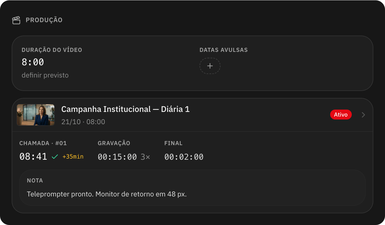 Seção de produção da tarefa com a diária, o horário de chamada, o tempo de gravação, a duração final e uma nota para a equipe
