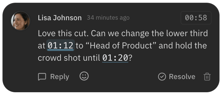 Comment with two times cited in the text as links