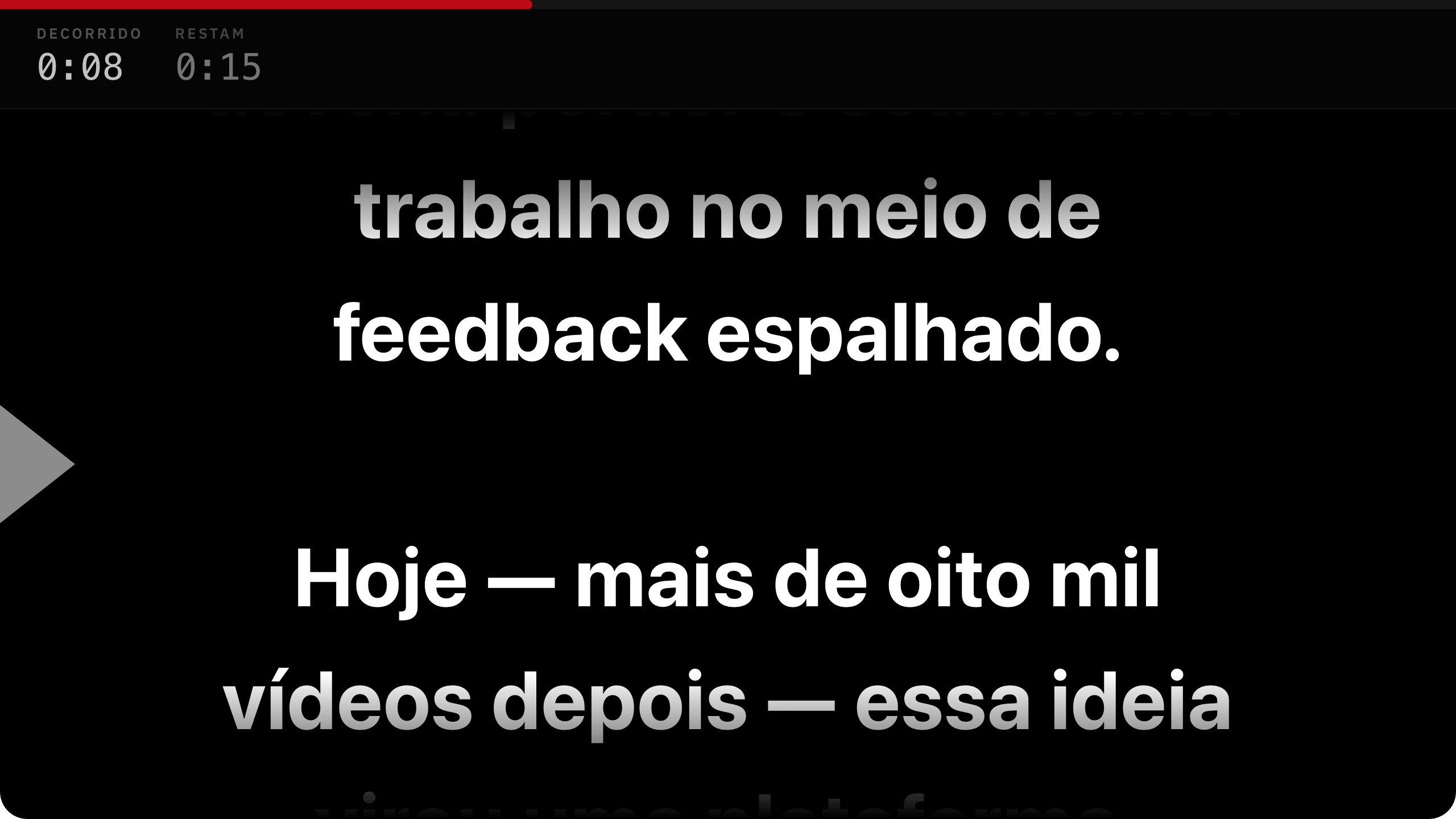 Tela do apresentador com o roteiro em letra grande, branca sobre preto, e o tempo decorrido e o que falta do bloco
