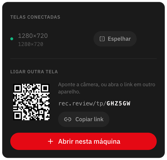 Telas conectadas com o botão de espelhar e o QR code para ligar outra tela