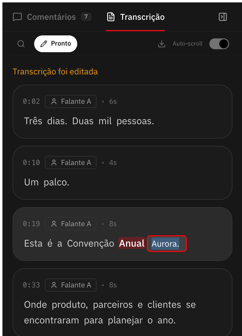 Transcrição em modo de edição