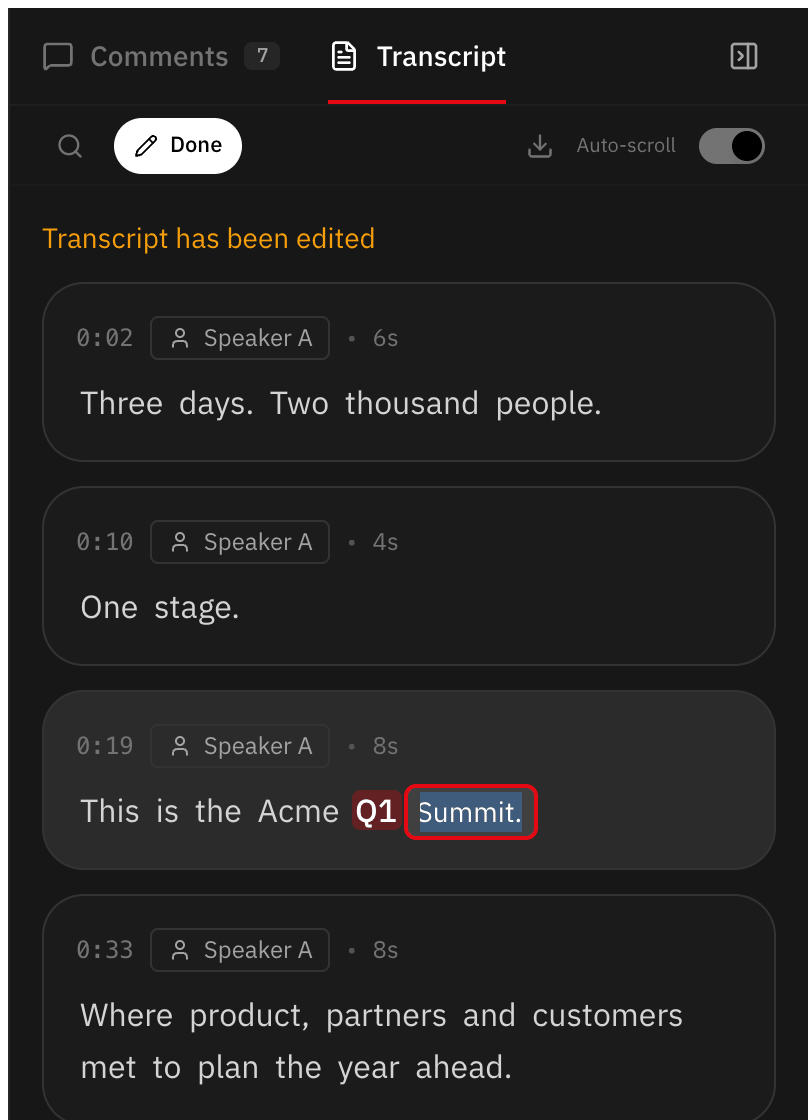 Transcript in edit mode