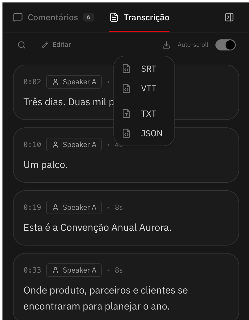 Transcrição com exportação em SRT, VTT, TXT e JSON