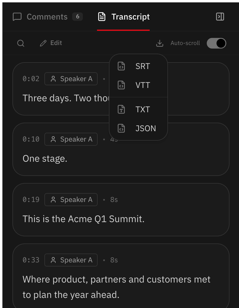 Transcript with SRT, VTT, TXT and JSON export